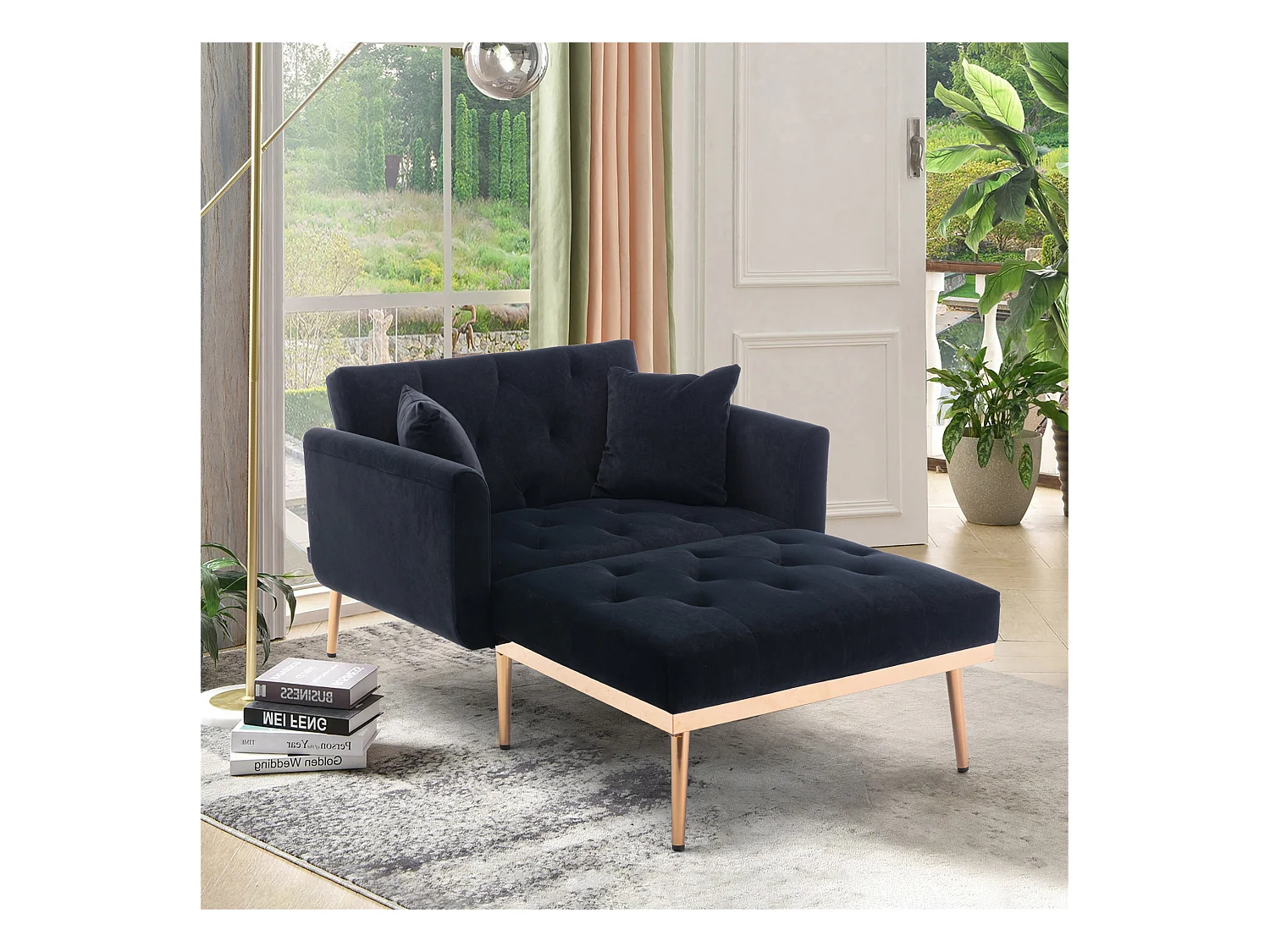 Poltrona moderna con schienale regolabile, chaise longue pieghevole, divano relax, tessuto in velluto nero (165x90x77 cm)