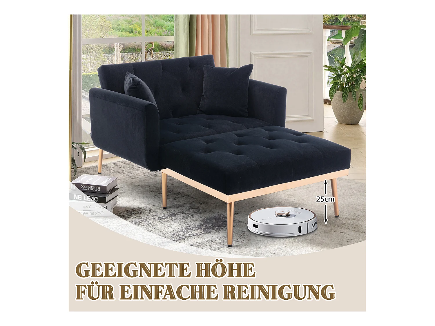 Poltrona moderna con schienale regolabile, chaise longue pieghevole, divano relax, tessuto in velluto nero (165x90x77 cm)