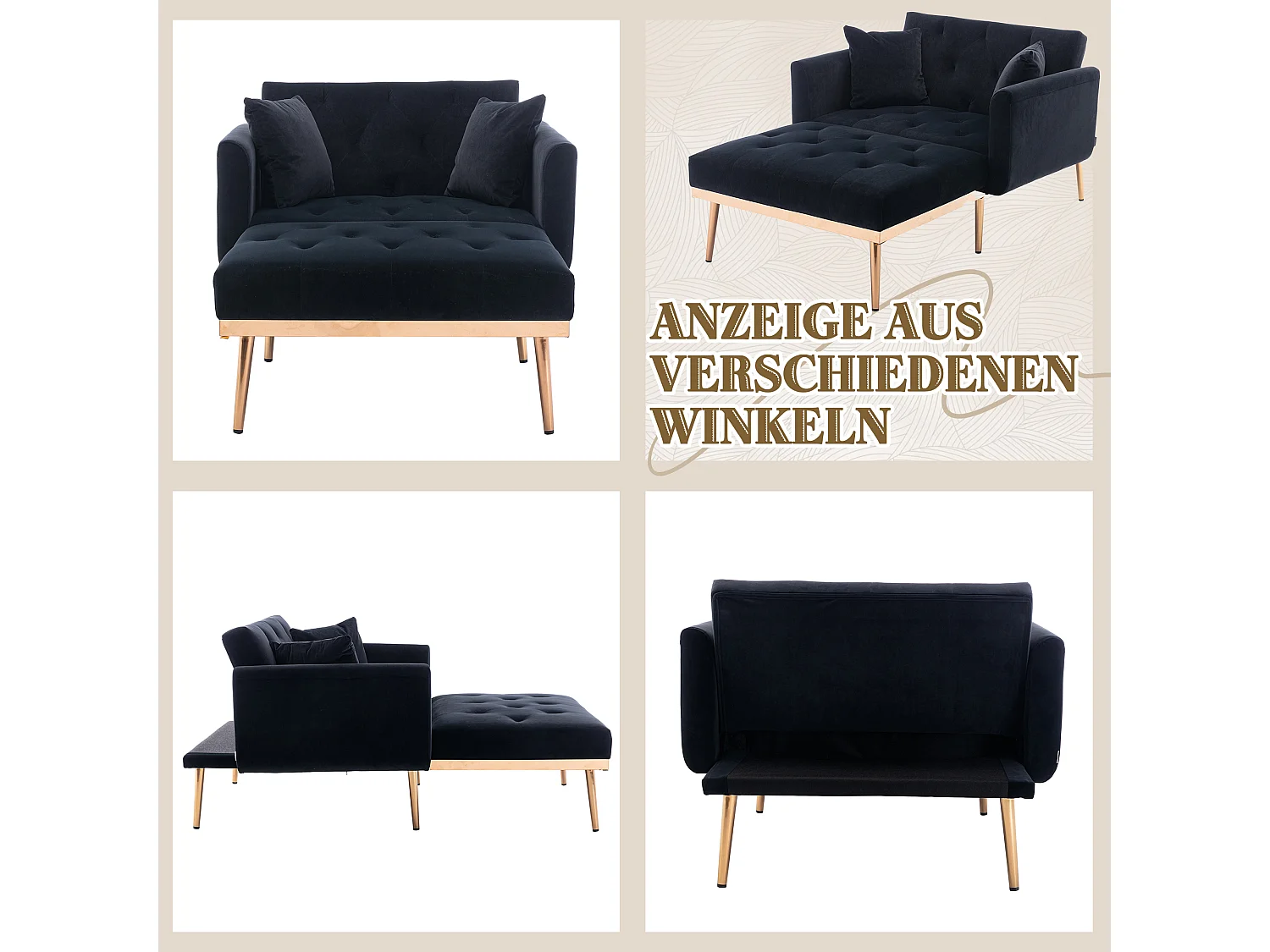 Poltrona moderna con schienale regolabile, chaise longue pieghevole, divano relax, tessuto in velluto nero (165x90x77 cm)