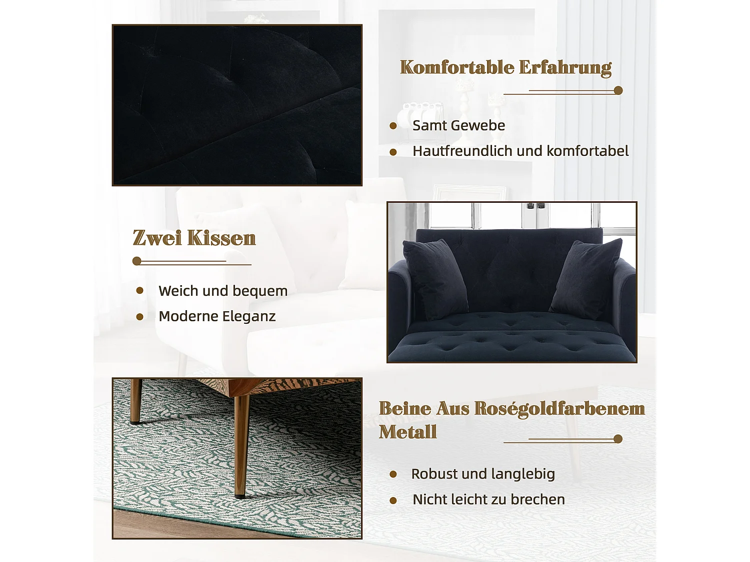 Poltrona moderna con schienale regolabile, chaise longue pieghevole, divano relax, tessuto in velluto nero (165x90x77 cm)