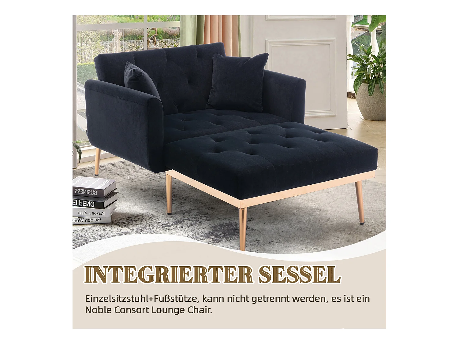 Fauteuil moderne à dossier réglable, chaise longue pliable, canapé de détente, tissu velours noir (165x90x77 cm)