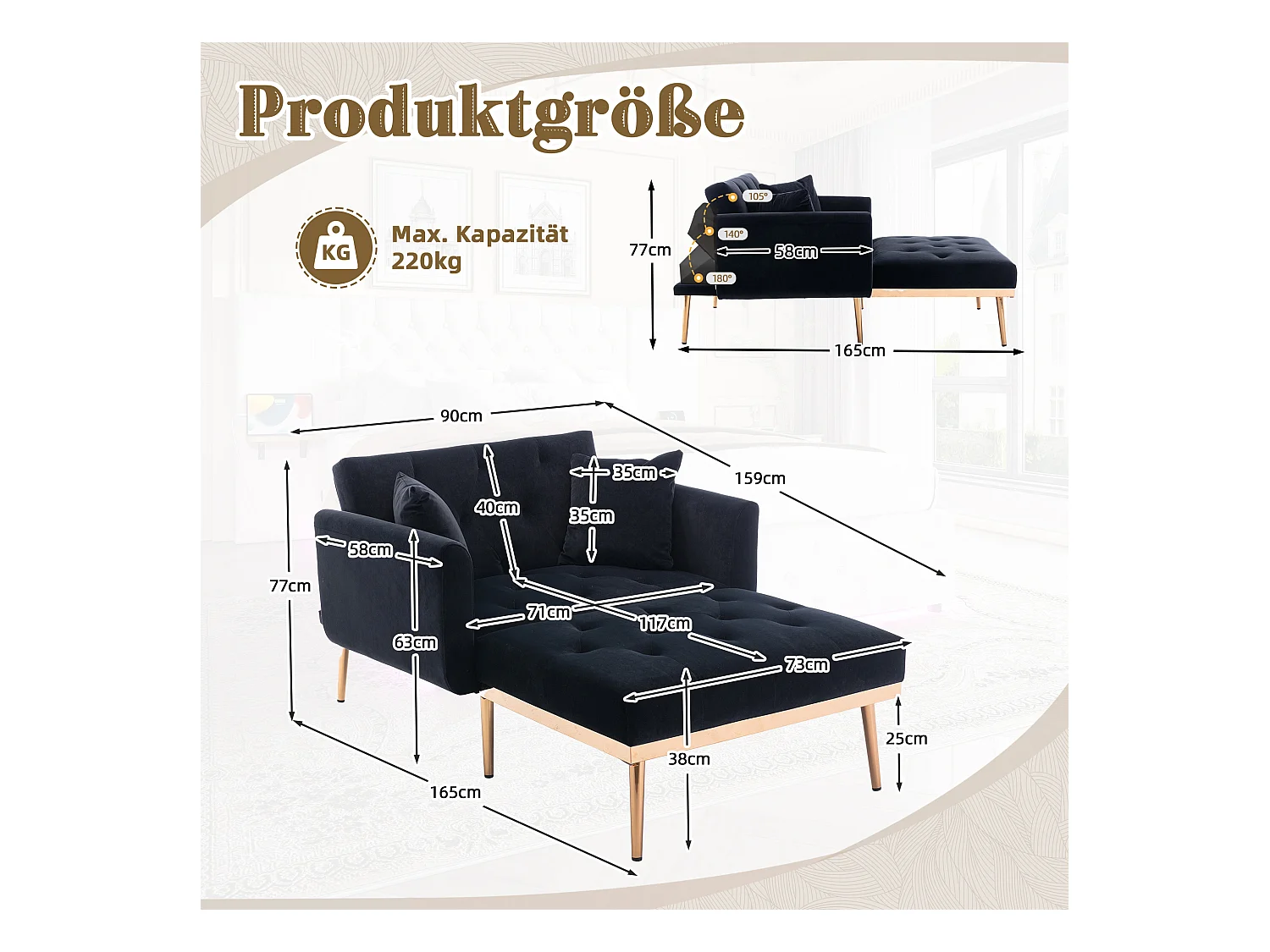 Fauteuil moderne à dossier réglable, chaise longue pliable, canapé de détente, tissu velours noir (165x90x77 cm)