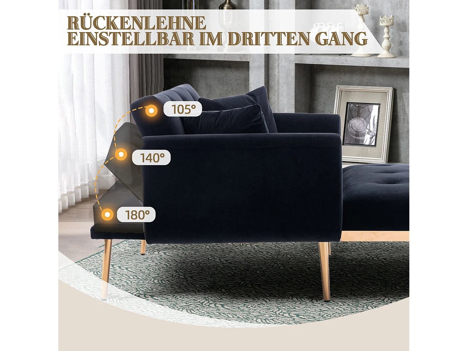 Fauteuil moderne à dossier réglable, chaise longue pliable, canapé de détente, tissu velours noir (165x90x77 cm)