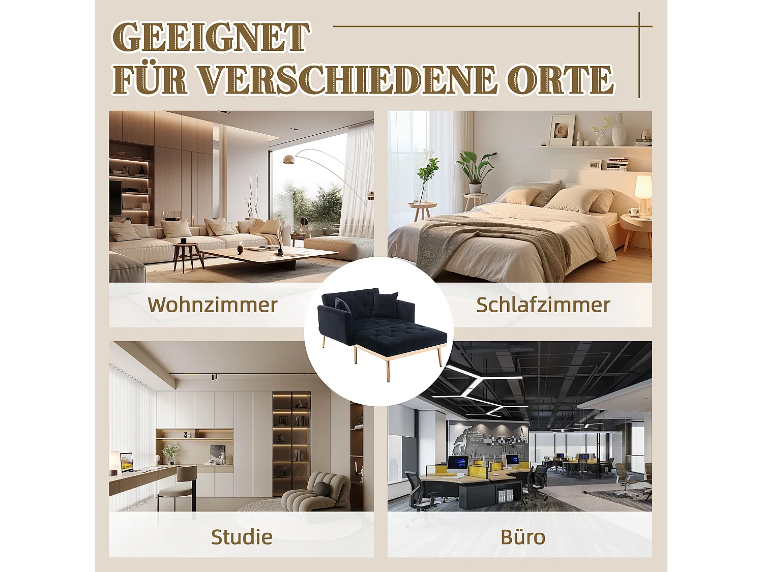 Fauteuil moderne à dossier réglable, chaise longue pliable, canapé de détente, tissu velours noir (165x90x77 cm)