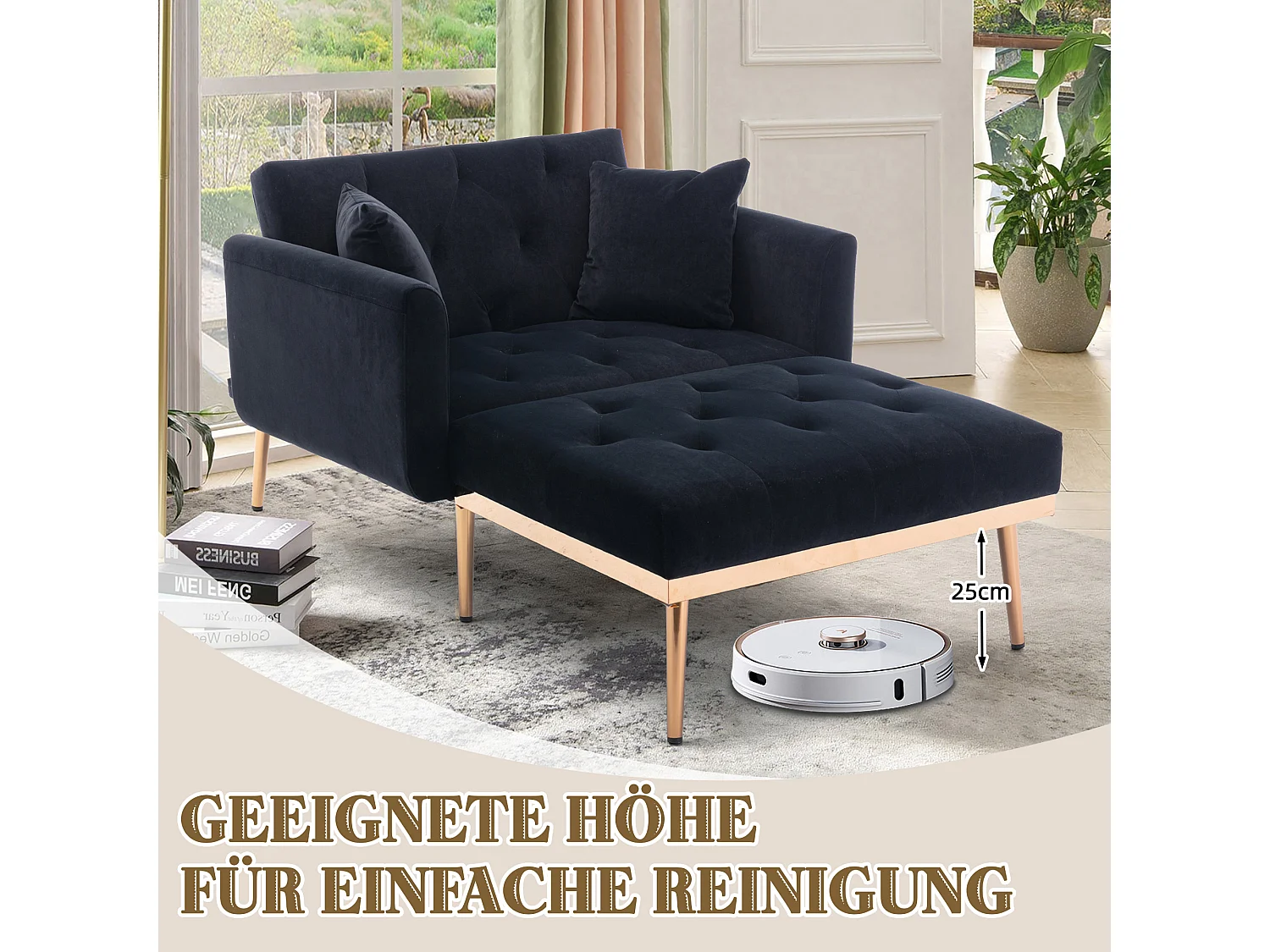 Fauteuil moderne à dossier réglable, chaise longue pliable, canapé de détente, tissu velours noir (165x90x77 cm)