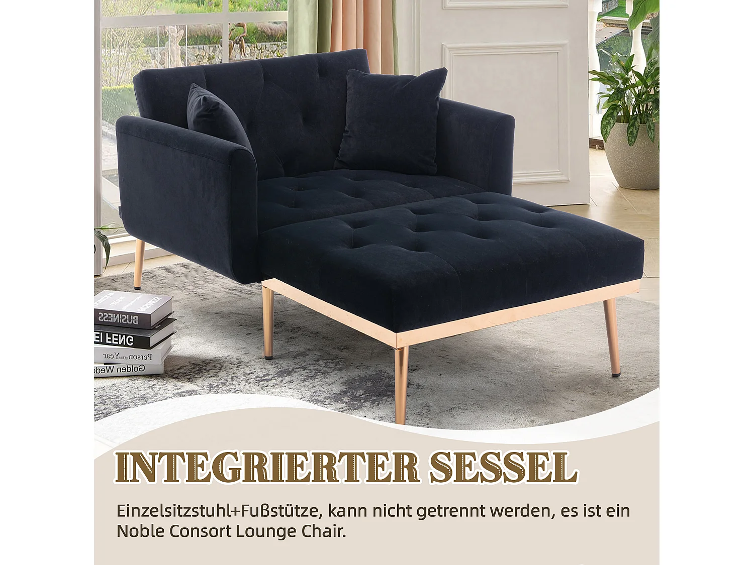 Fauteuil moderne à dossier réglable, chaise longue pliable, canapé de détente, tissu velours noir (165x90x77 cm)