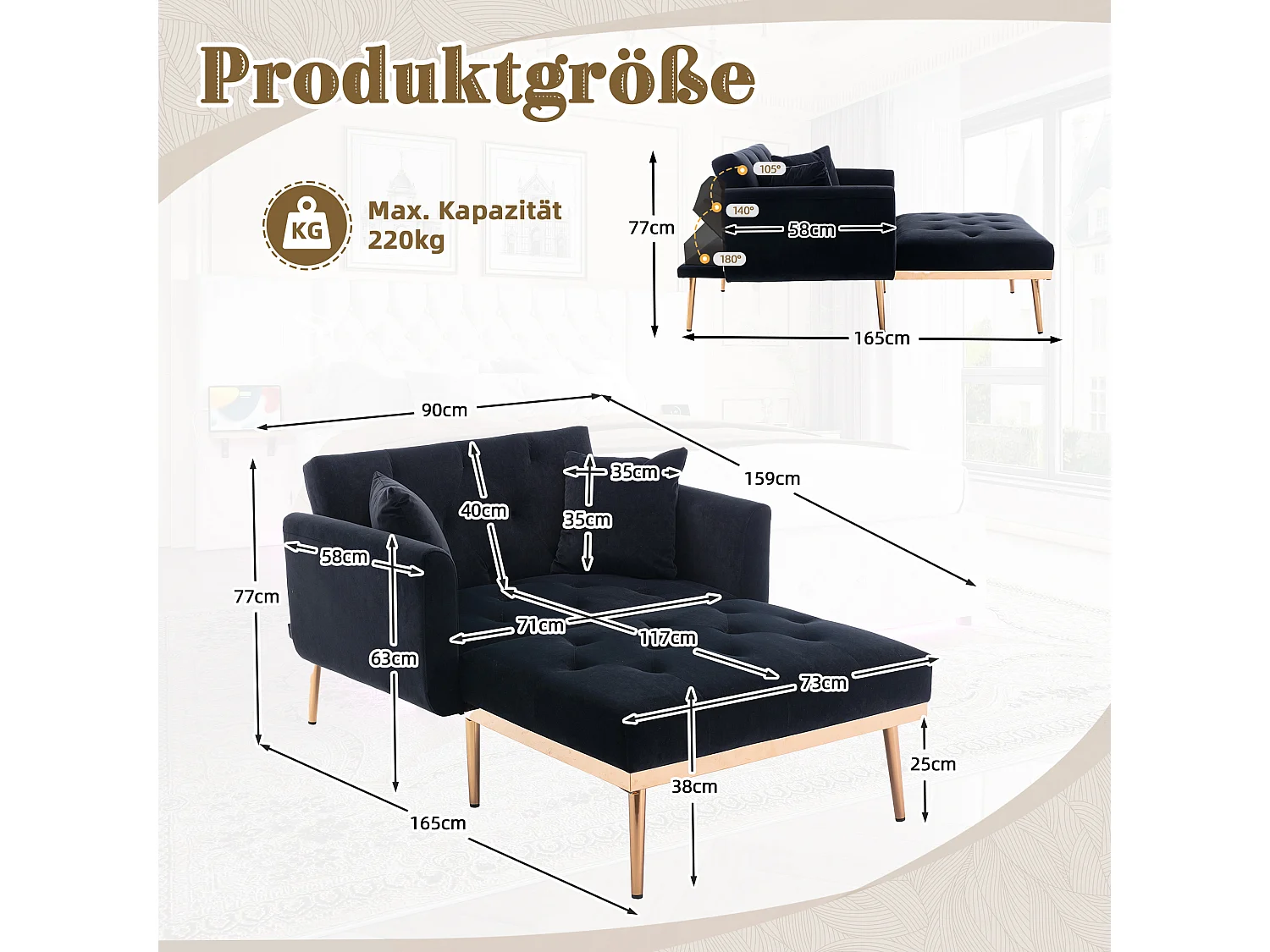 Fauteuil moderne à dossier réglable, chaise longue pliable, canapé de détente, tissu velours noir (165x90x77 cm)