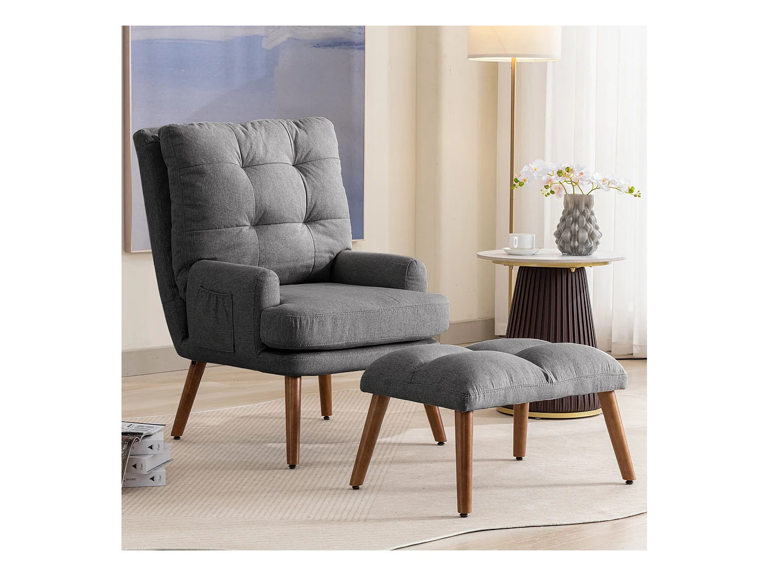 Poltrona relax reclinabile con poggiapiedi, schienale regolabile in 5 posizioni, contenitore laterale, tessuto grigio (65x96,5x60cm)