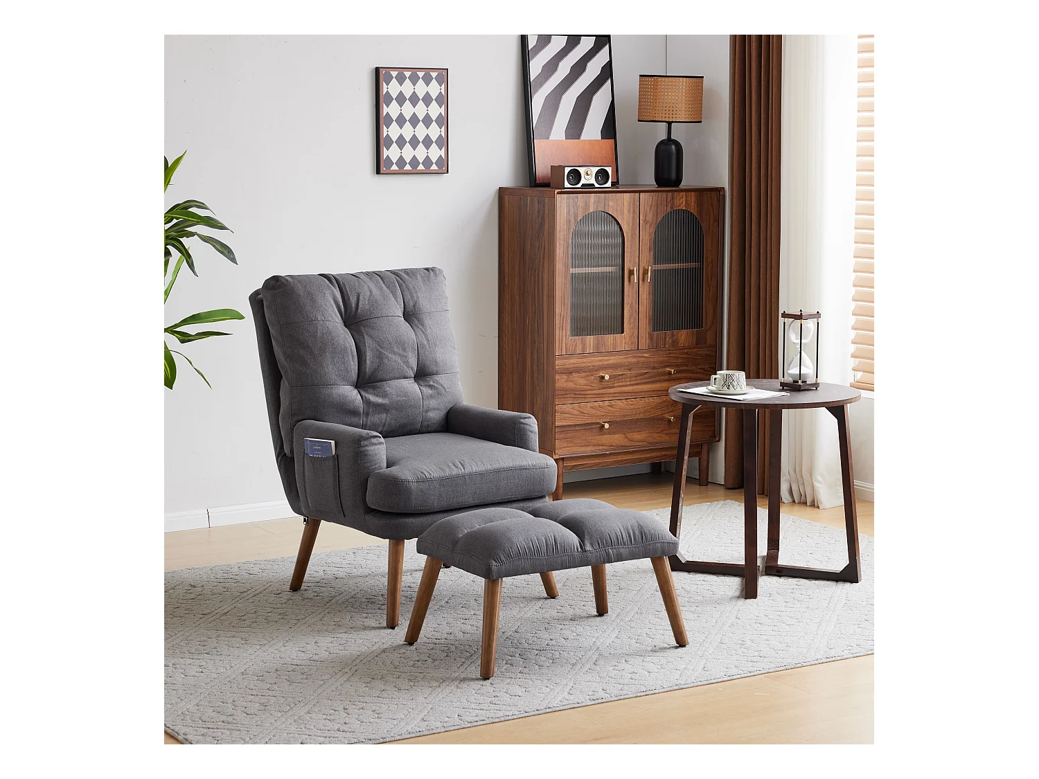 Poltrona relax reclinabile con poggiapiedi, schienale regolabile in 5 posizioni, contenitore laterale, tessuto grigio (65x96,5x60cm)