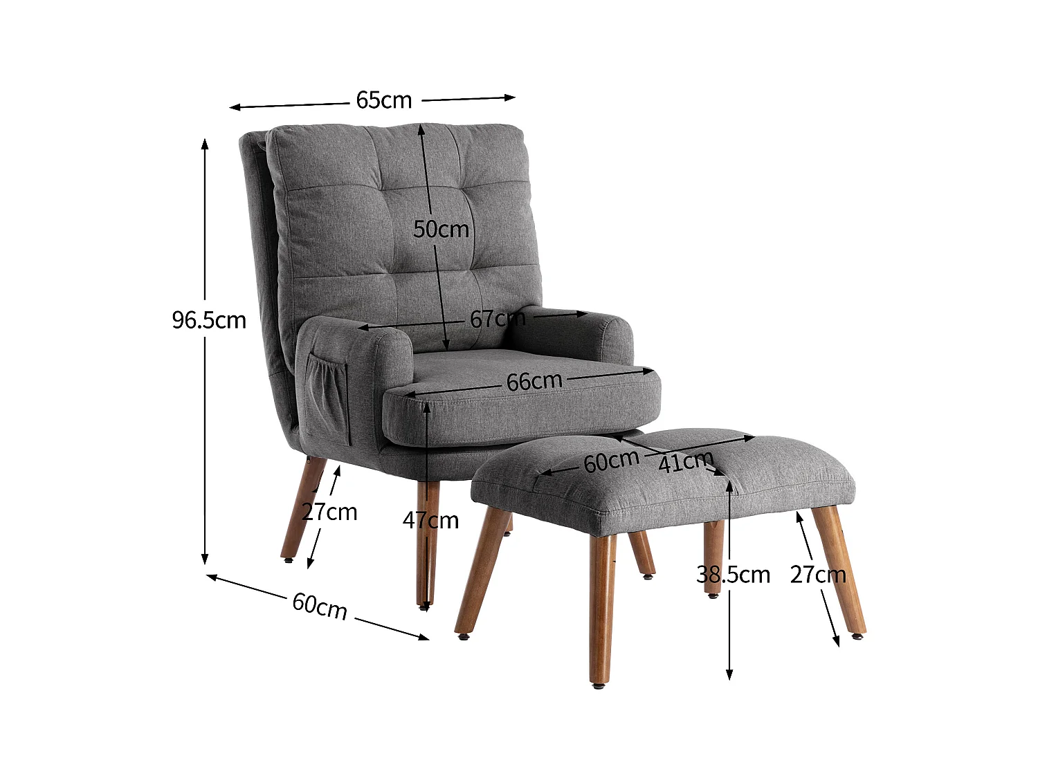 Poltrona relax reclinabile con poggiapiedi, schienale regolabile in 5 posizioni, contenitore laterale, tessuto grigio (65x96,5x60cm)