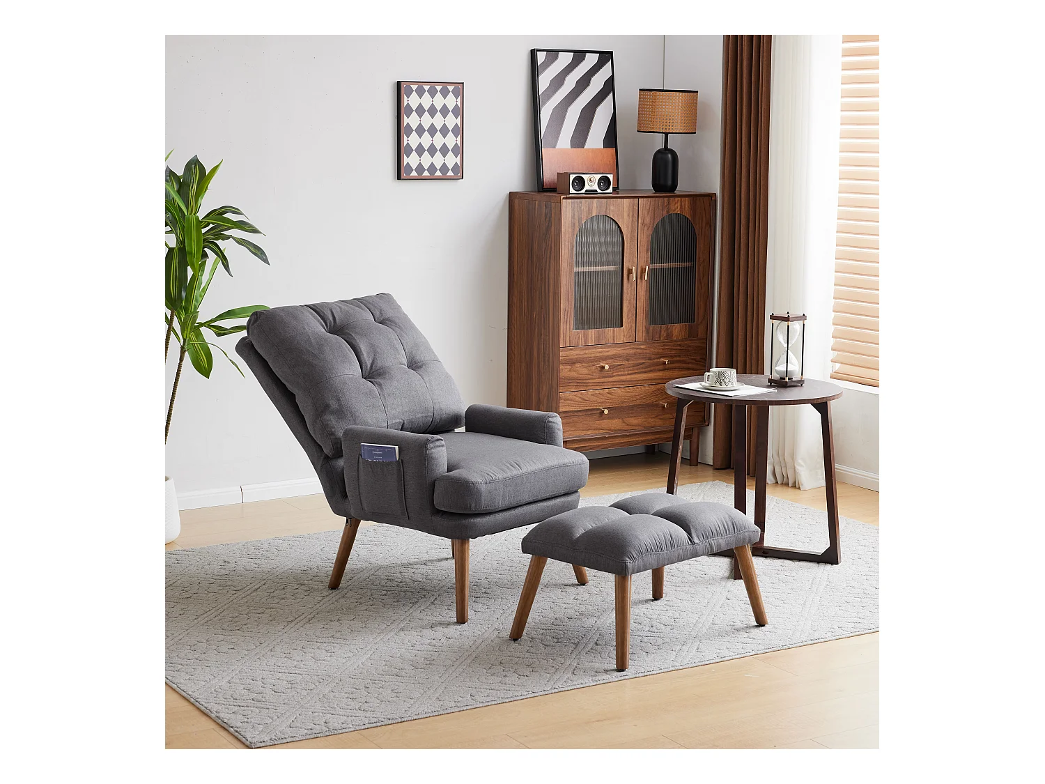 Poltrona relax reclinabile con poggiapiedi, schienale regolabile in 5 posizioni, contenitore laterale, tessuto grigio (65x96,5x60cm)