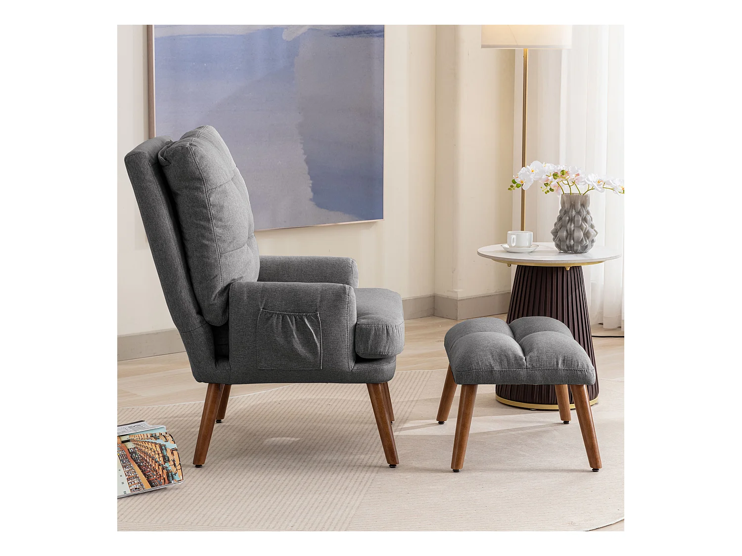 Poltrona relax reclinabile con poggiapiedi, schienale regolabile in 5 posizioni, contenitore laterale, tessuto grigio (65x96,5x60cm)