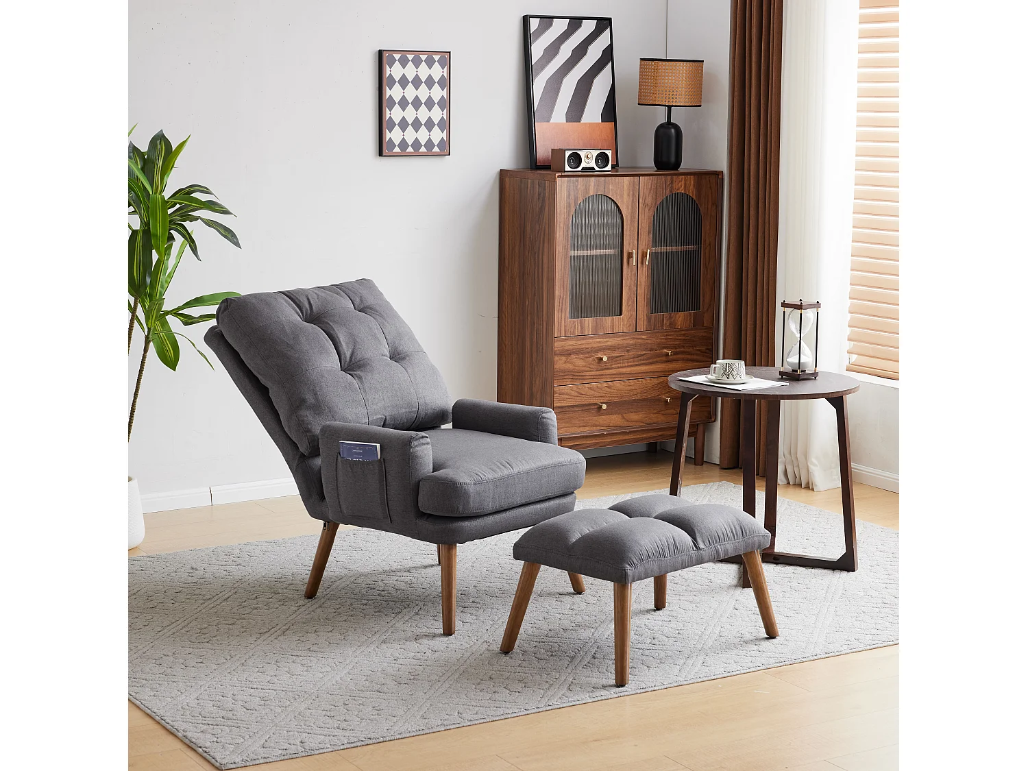 Relaxfauteuil met voetenbankje, 5-voudig verstelbare rugleuning, opbergruimte aan de zijkant, grijze stof (65x96,5x60cm)