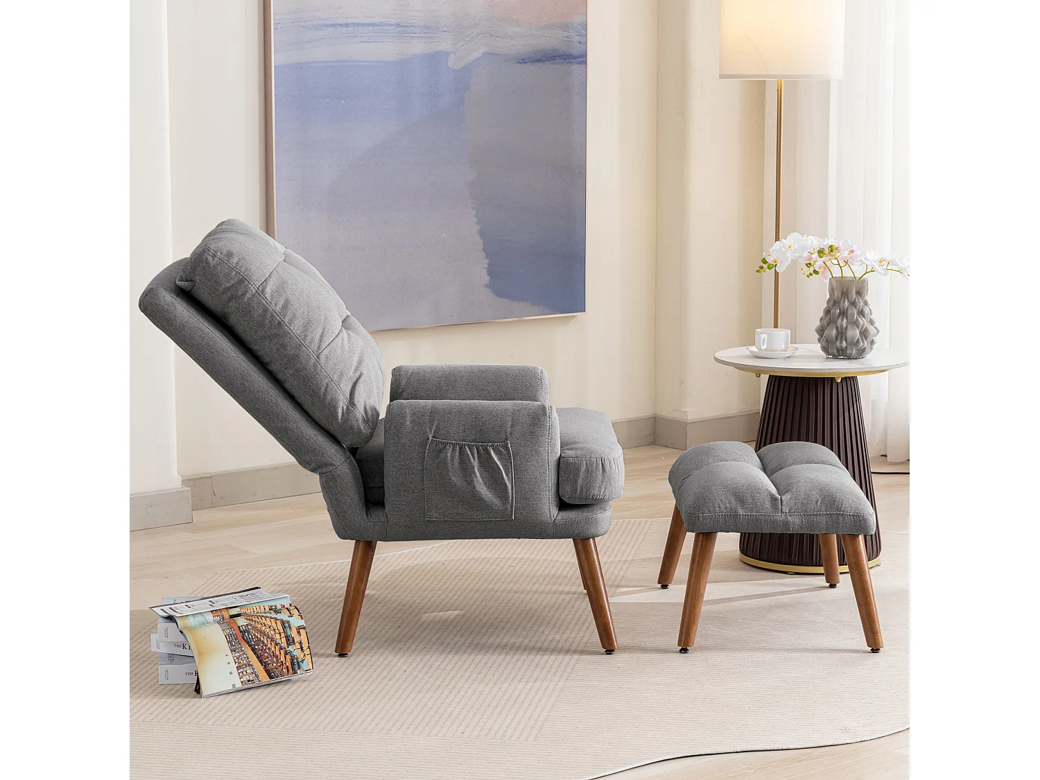 Relaxfauteuil met voetenbankje, 5-voudig verstelbare rugleuning, opbergruimte aan de zijkant, grijze stof (65x96,5x60cm)