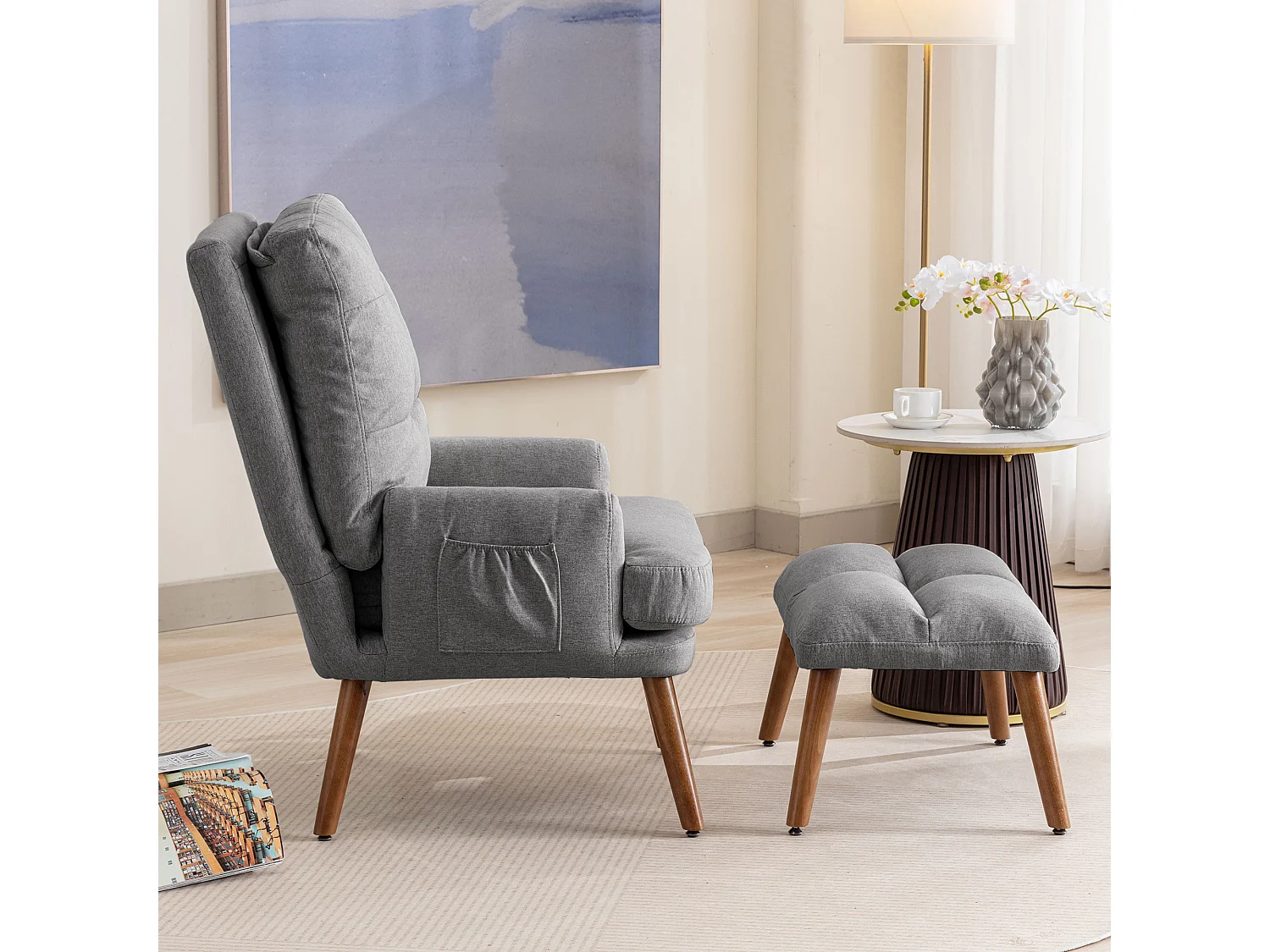 Relaxfauteuil met voetenbankje, 5-voudig verstelbare rugleuning, opbergruimte aan de zijkant, grijze stof (65x96,5x60cm)