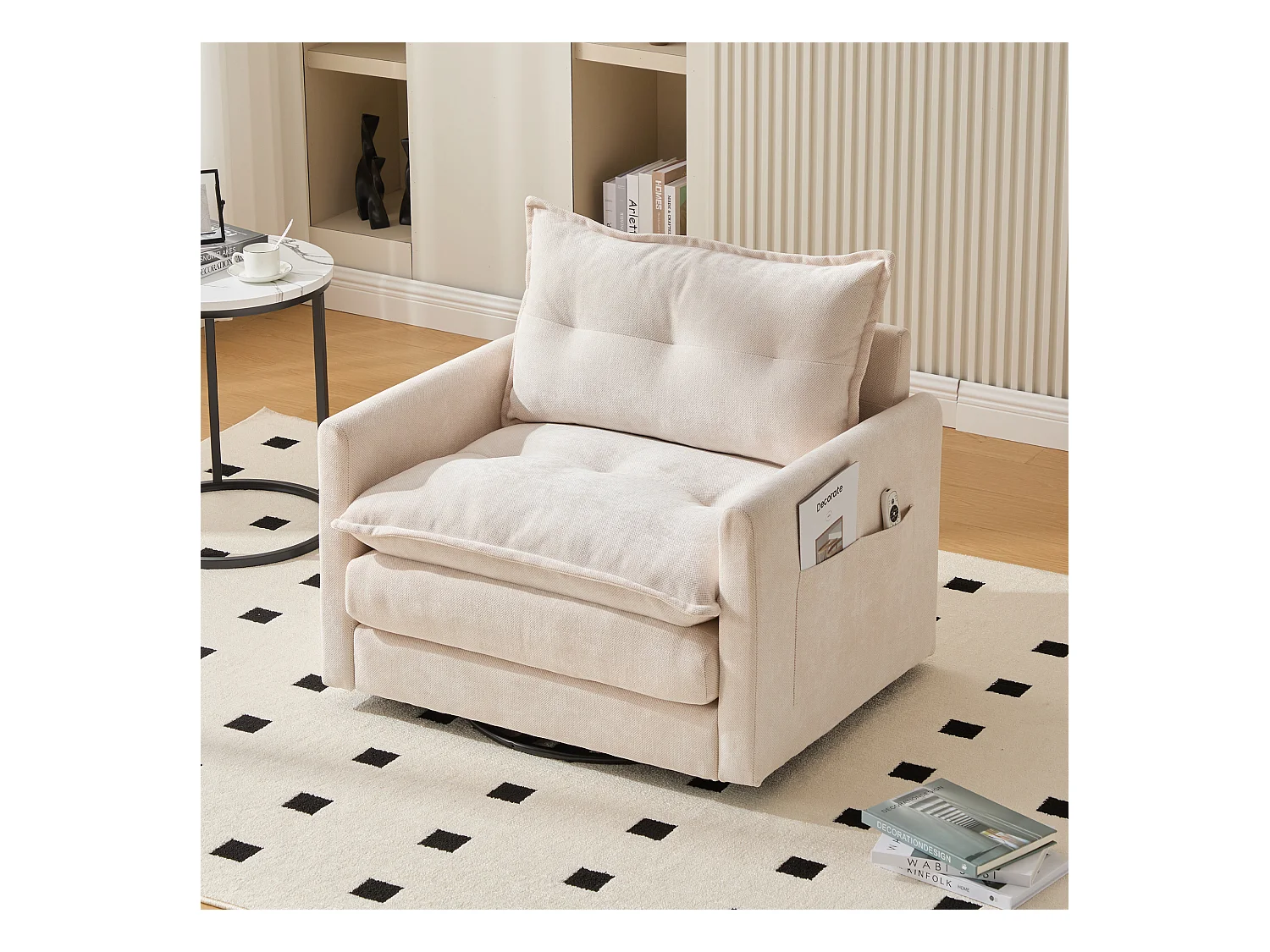 360° draaibare loungestoel met armleuningen, grote beige chenille woonkamerfauteuil (92x74x67 cm) Geoptimaliseerde productbeschrijving in HTML: