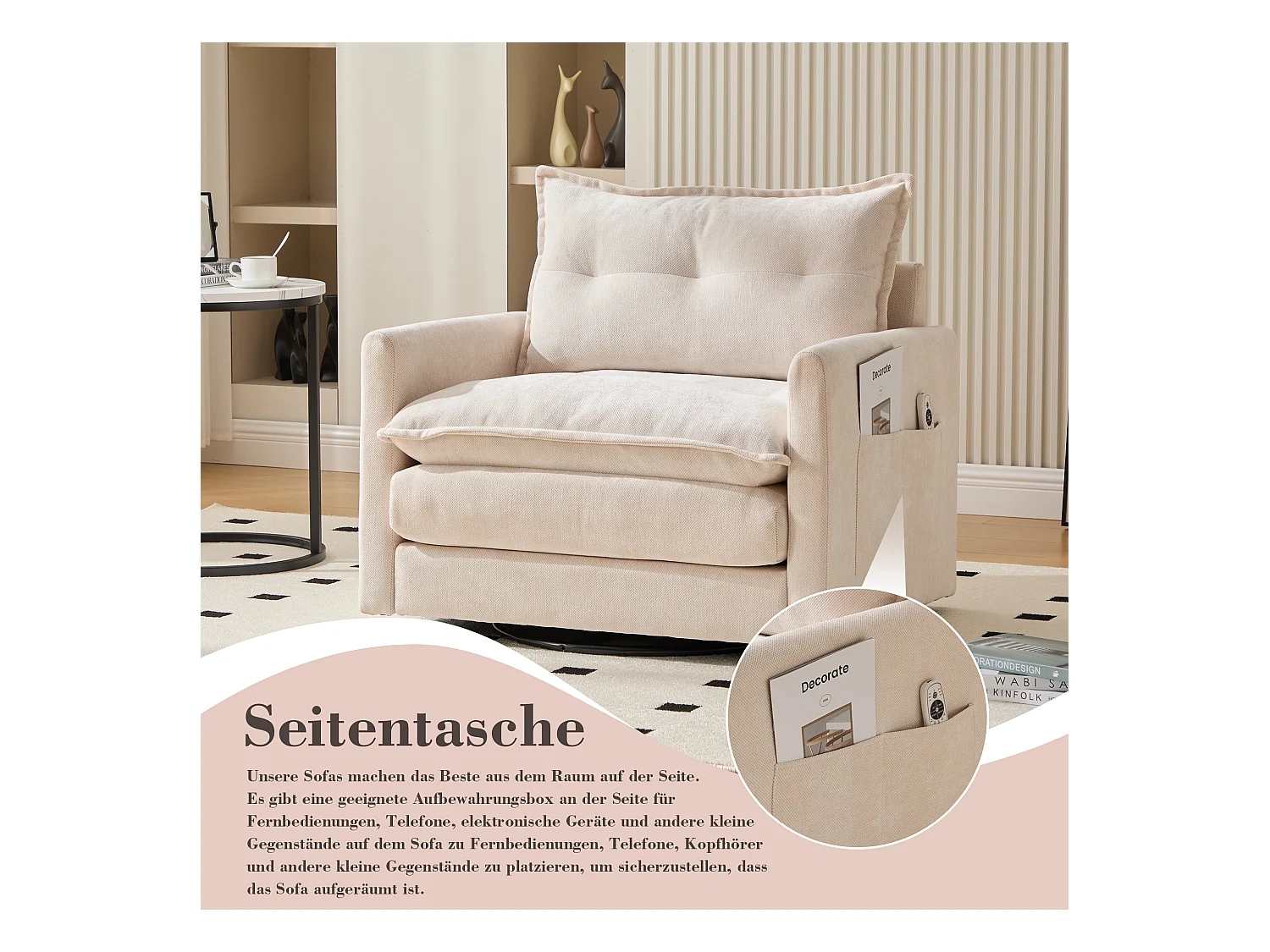 360° draaibare loungestoel met armleuningen, grote beige chenille woonkamerfauteuil (92x74x67 cm) Geoptimaliseerde productbeschrijving in HTML: