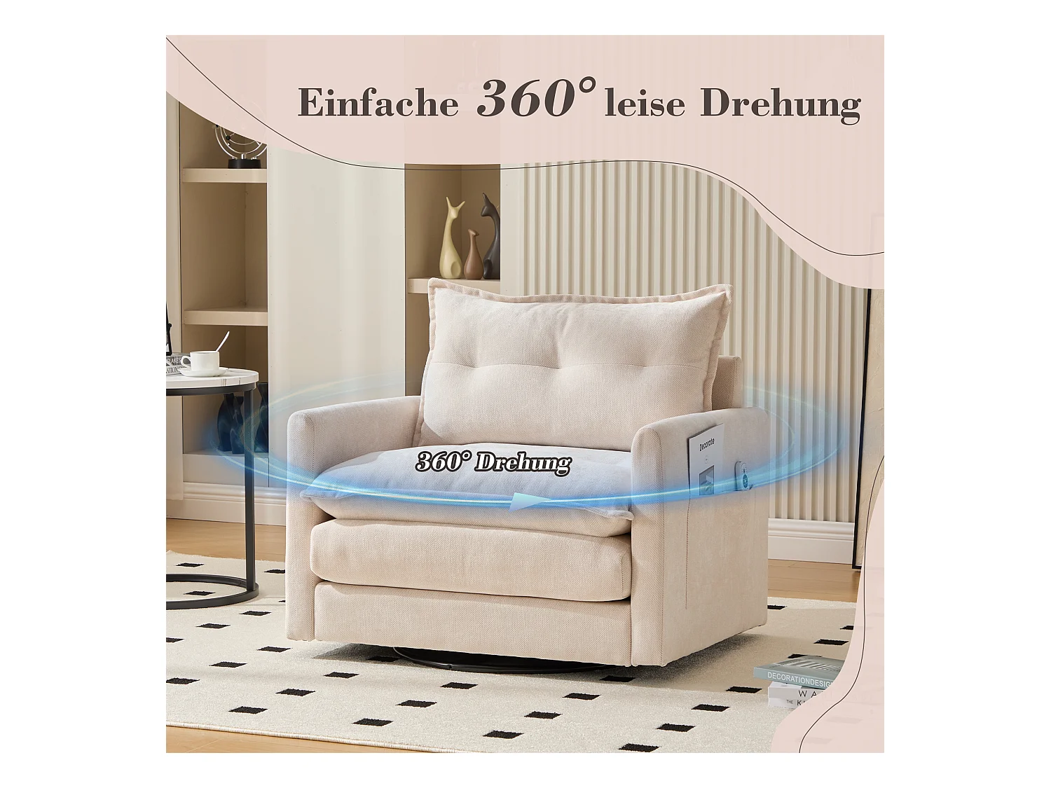360° draaibare loungestoel met armleuningen, grote beige chenille woonkamerfauteuil (92x74x67 cm) Geoptimaliseerde productbeschrijving in HTML: