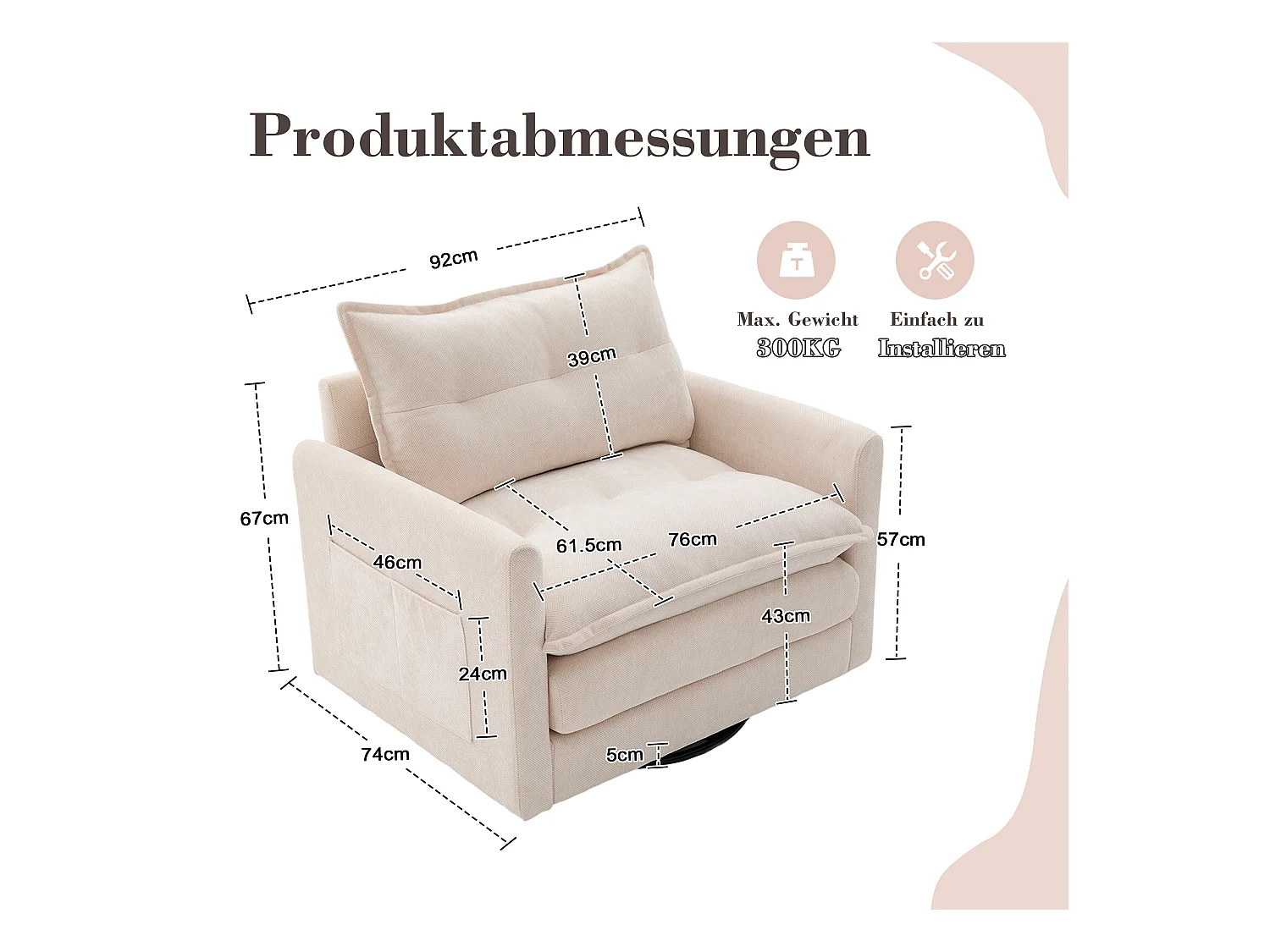 360° draaibare loungestoel met armleuningen, grote beige chenille woonkamerfauteuil (92x74x67 cm) Geoptimaliseerde productbeschrijving in HTML: