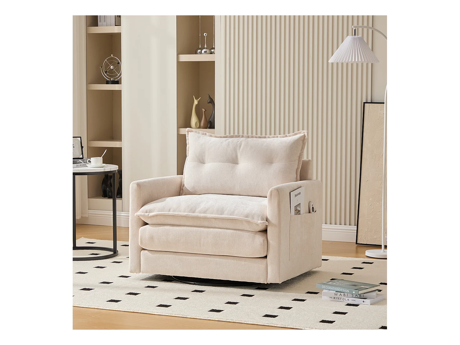 360° draaibare loungestoel met armleuningen, grote beige chenille woonkamerfauteuil (92x74x67 cm) Geoptimaliseerde productbeschrijving in HTML: