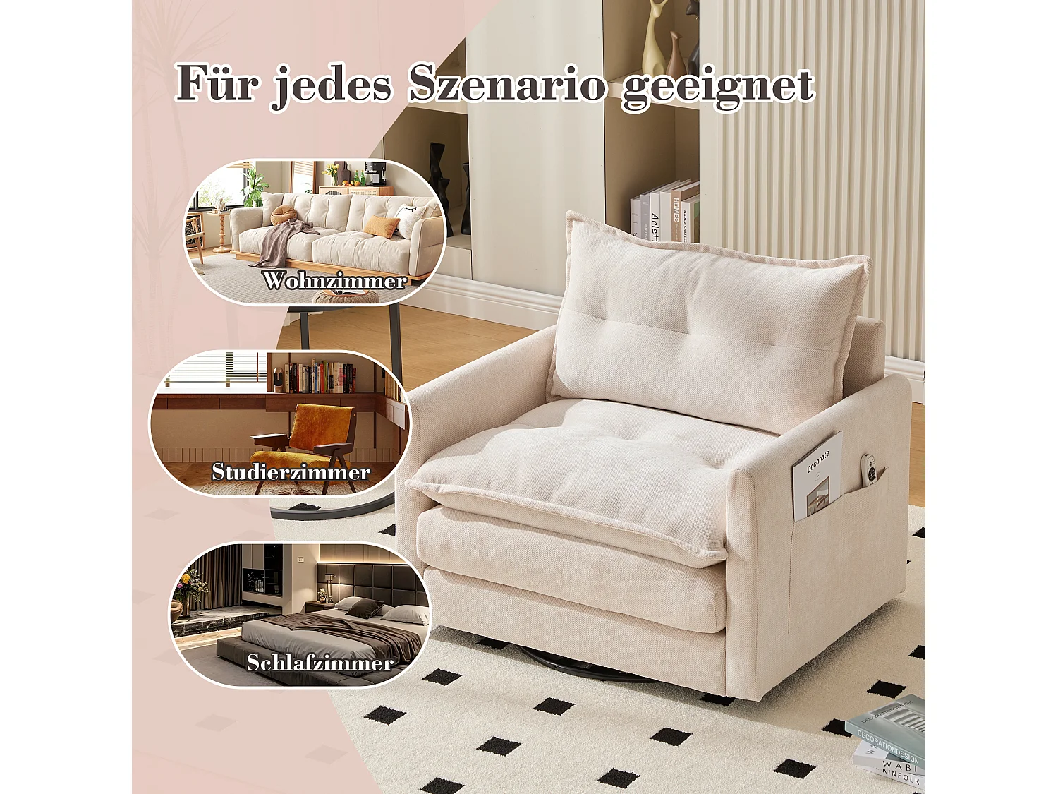 Fauteuil Lounge Pivotant 360° avec Accoudoirs, Grand Fauteuil de Salon en Chenille Beige (92x74x67 cm)  Optimized Product Description in HTML: