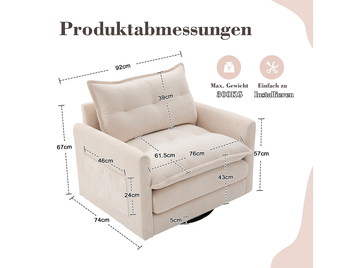 Fauteuil Lounge Pivotant 360° avec Accoudoirs, Grand Fauteuil de Salon en Chenille Beige (92x74x67 cm)  Optimized Product Description in HTML: