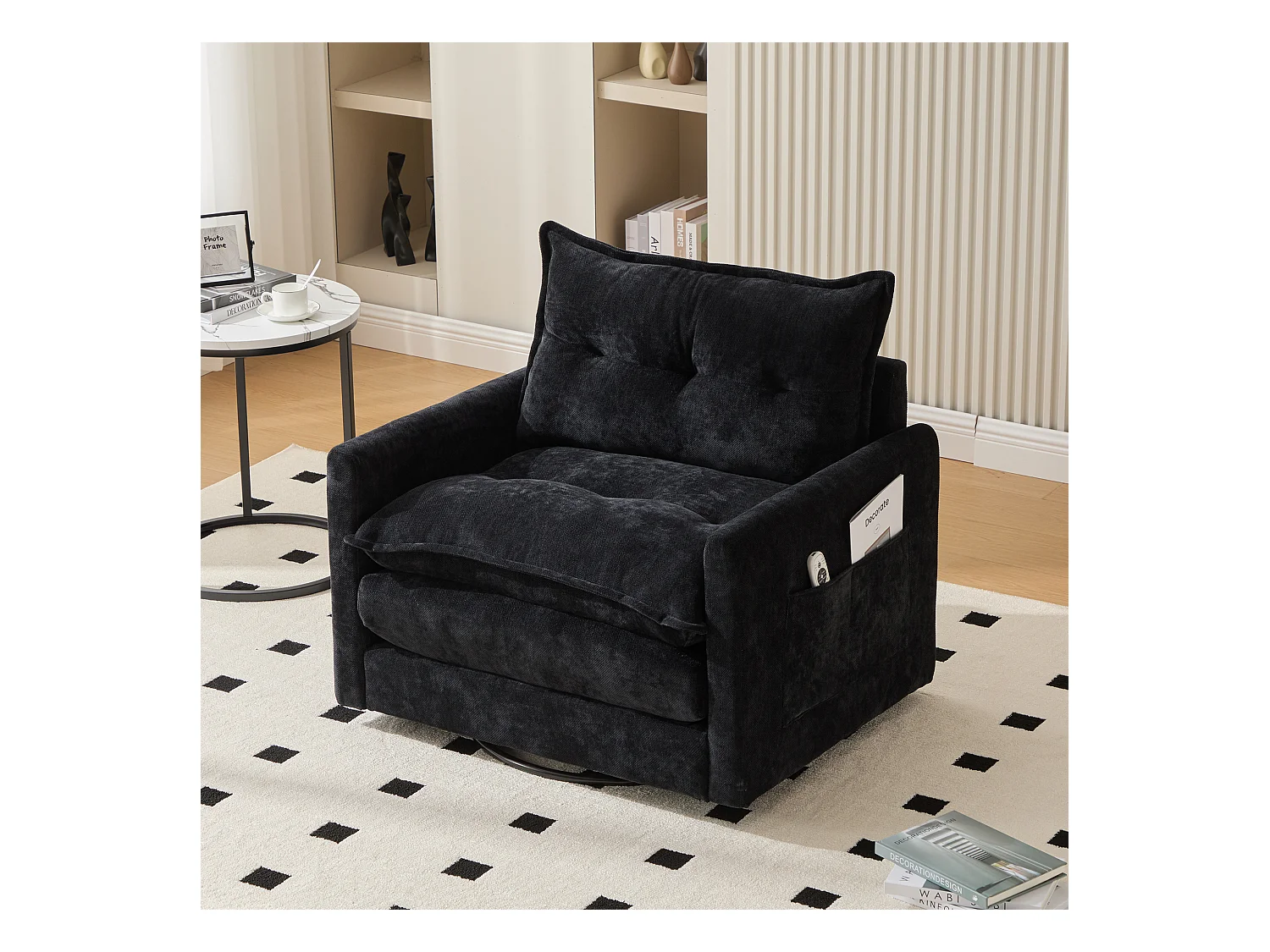 Fauteuil pivotant 360° avec accoudoirs, design contemporain, tissu chenille, noir, inclinable avec coussin (92x74x67 cm)