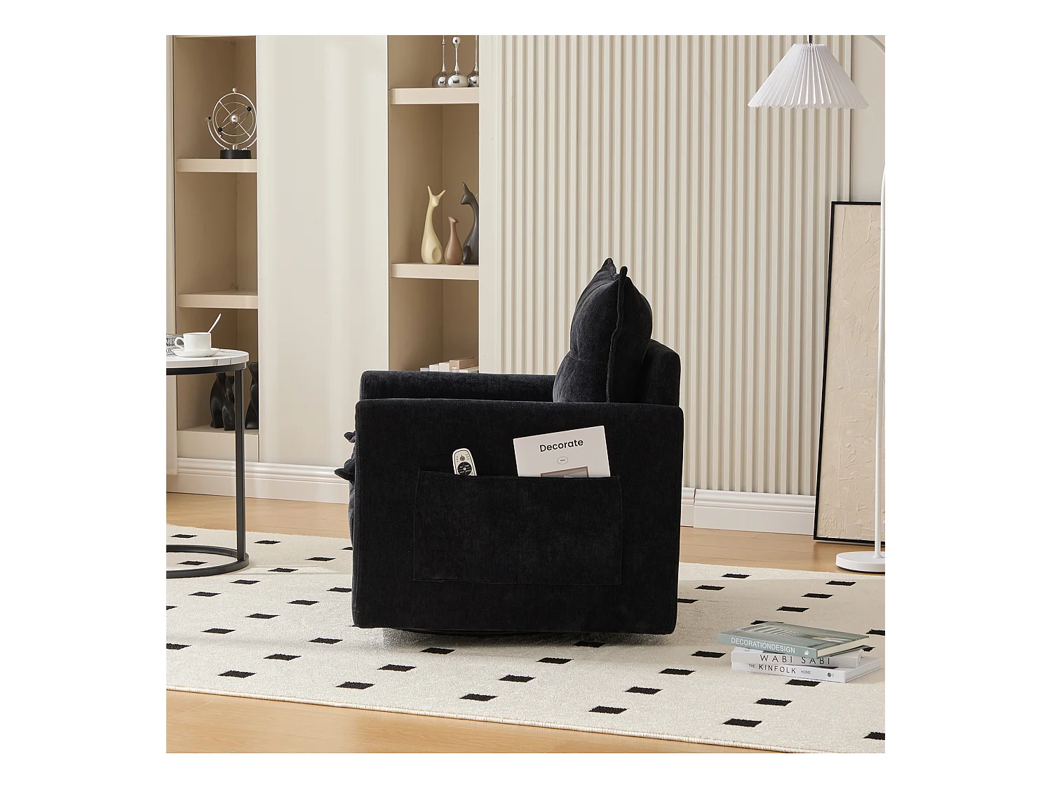 Fauteuil pivotant 360° avec accoudoirs, design contemporain, tissu chenille, noir, inclinable avec coussin (92x74x67 cm)