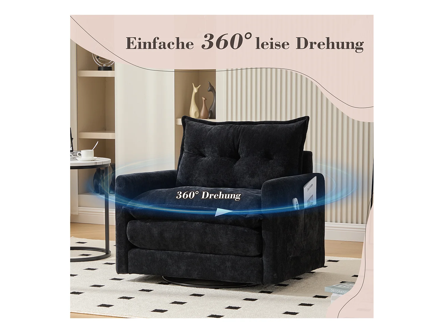 Fauteuil pivotant 360° avec accoudoirs, design contemporain, tissu chenille, noir, inclinable avec coussin (92x74x67 cm)