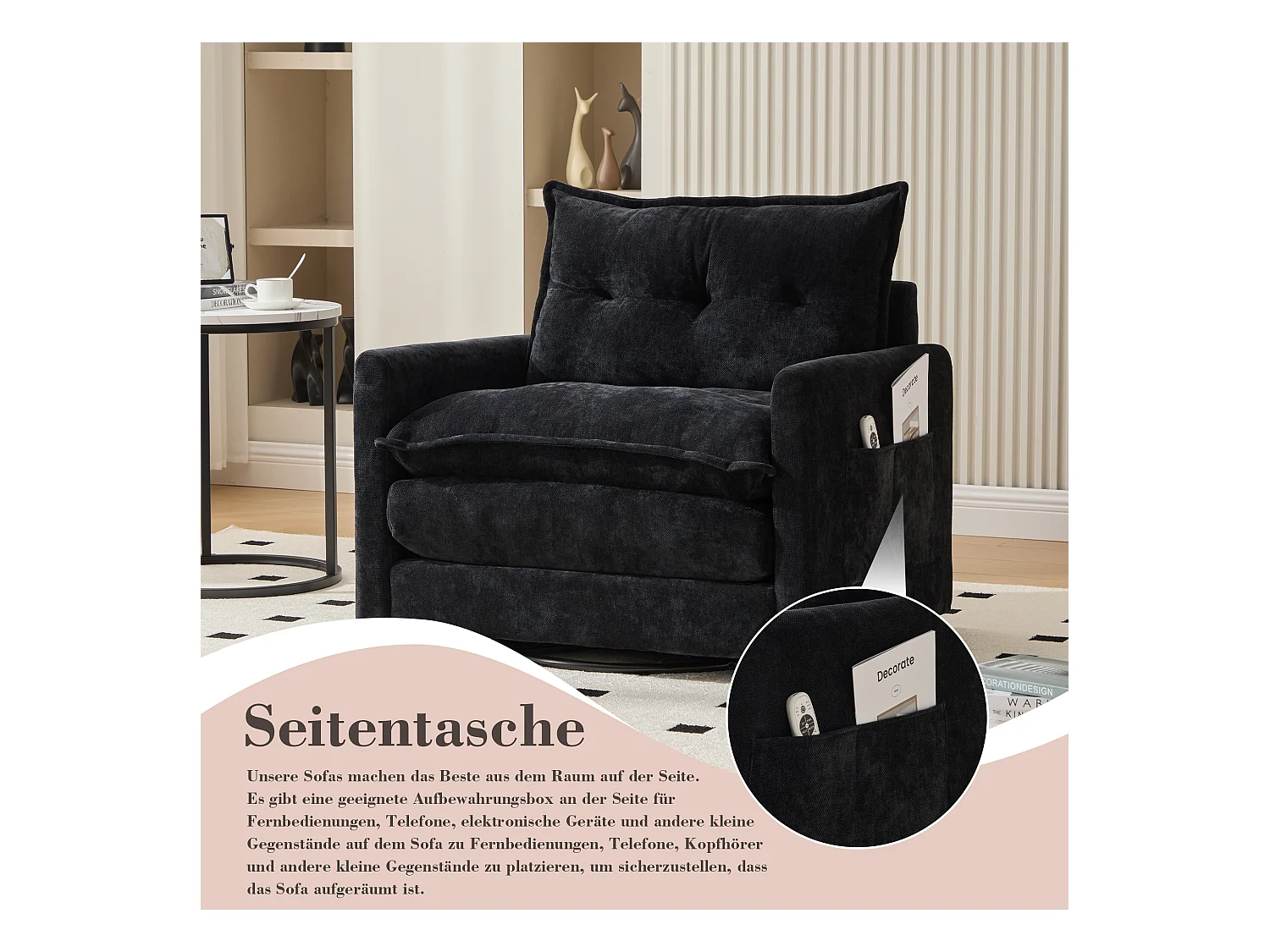 Fauteuil pivotant 360° avec accoudoirs, design contemporain, tissu chenille, noir, inclinable avec coussin (92x74x67 cm)