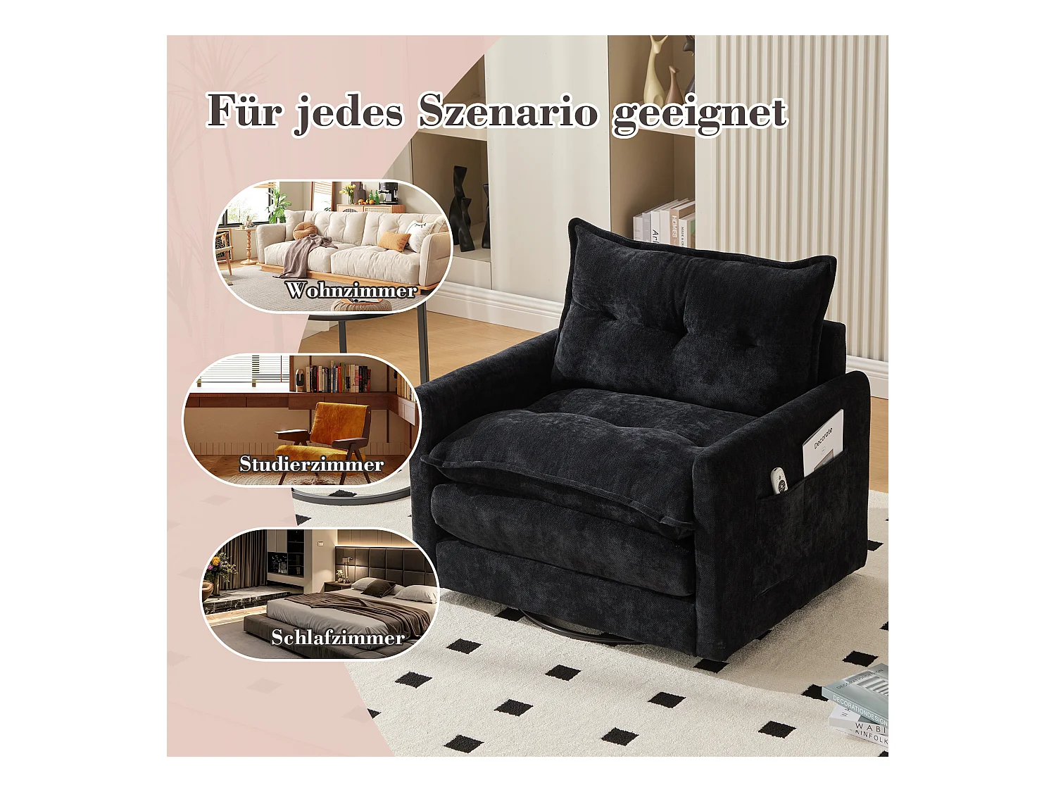Fauteuil pivotant 360° avec accoudoirs, design contemporain, tissu chenille, noir, inclinable avec coussin (92x74x67 cm)