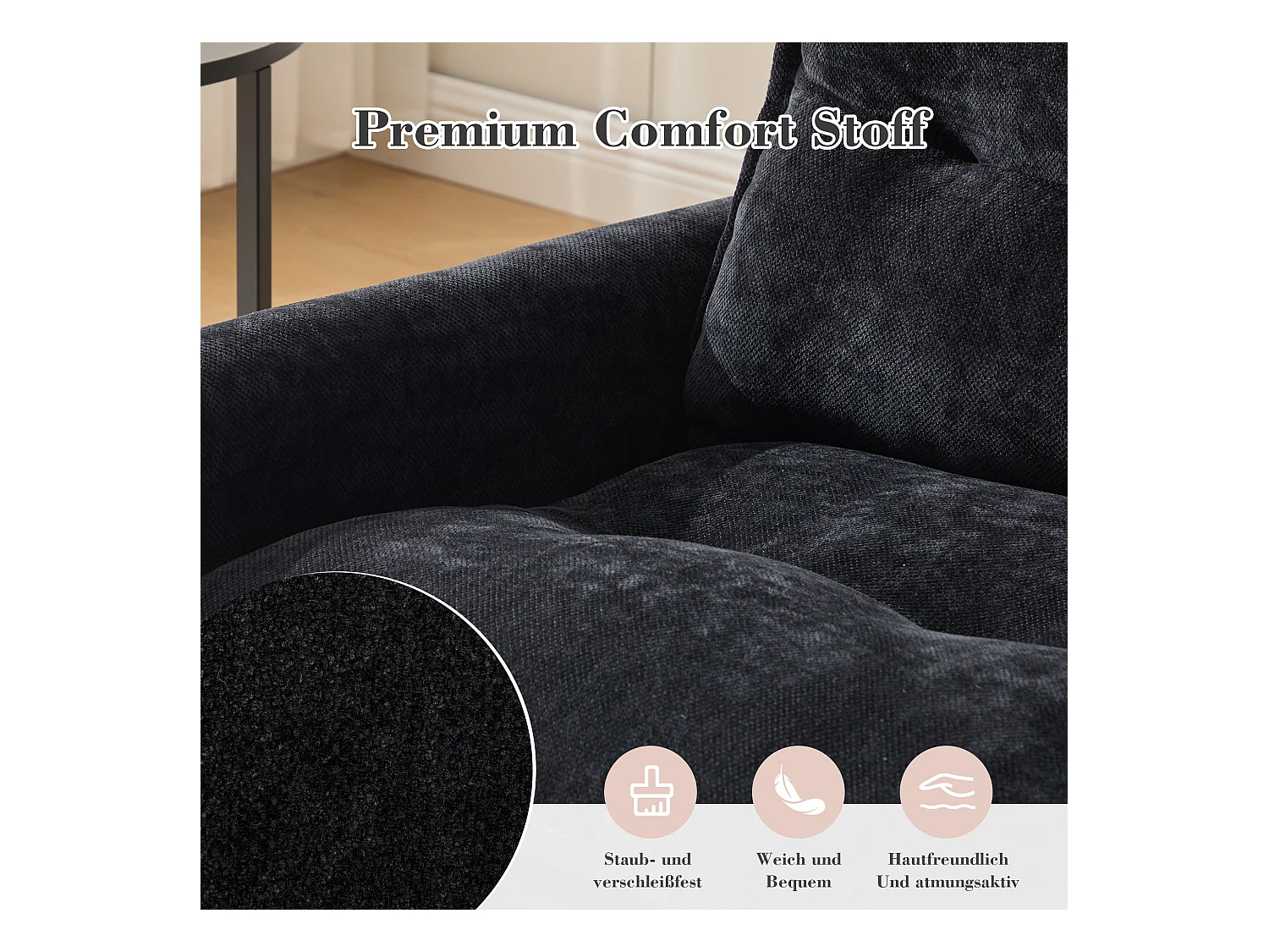 Fauteuil pivotant 360° avec accoudoirs, design contemporain, tissu chenille, noir, inclinable avec coussin (92x74x67 cm)