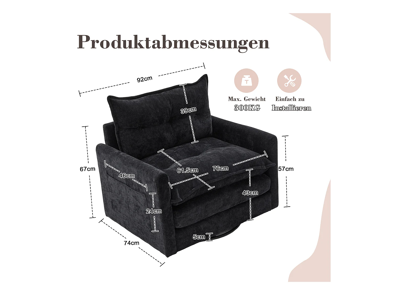 Fauteuil pivotant 360° avec accoudoirs, design contemporain, tissu chenille, noir, inclinable avec coussin (92x74x67 cm)