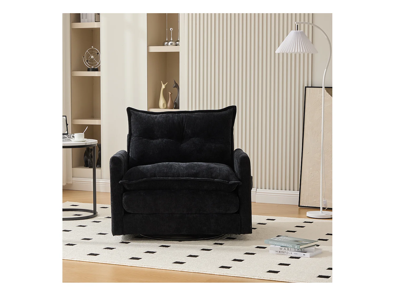 Fauteuil pivotant 360° avec accoudoirs, design contemporain, tissu chenille, noir, inclinable avec coussin (92x74x67 cm)