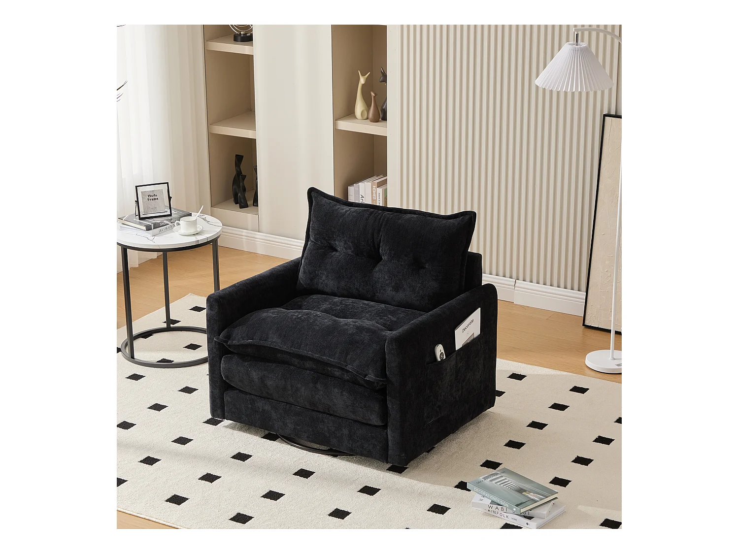 Fauteuil pivotant 360° avec accoudoirs, design contemporain, tissu chenille, noir, inclinable avec coussin (92x74x67 cm)