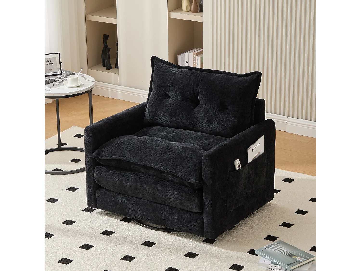 Fauteuil pivotant 360° avec accoudoirs, design contemporain, tissu chenille, noir, inclinable avec coussin (92x74x67 cm)