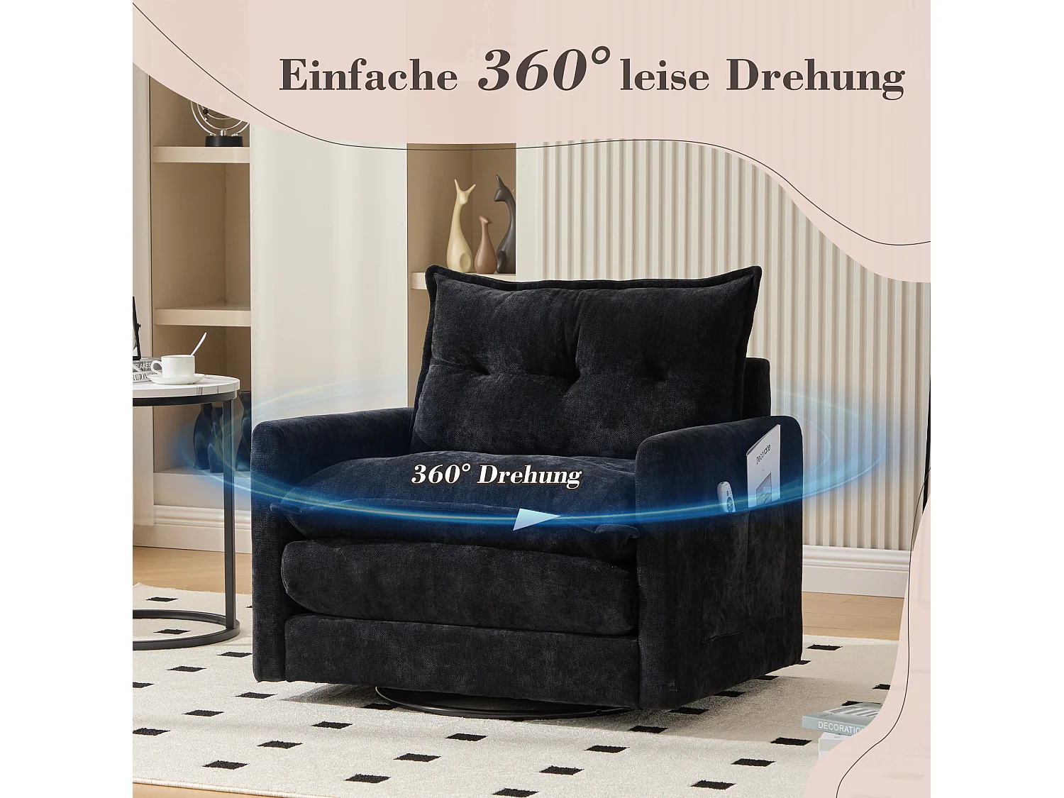Fauteuil pivotant 360° avec accoudoirs, design contemporain, tissu chenille, noir, inclinable avec coussin (92x74x67 cm)