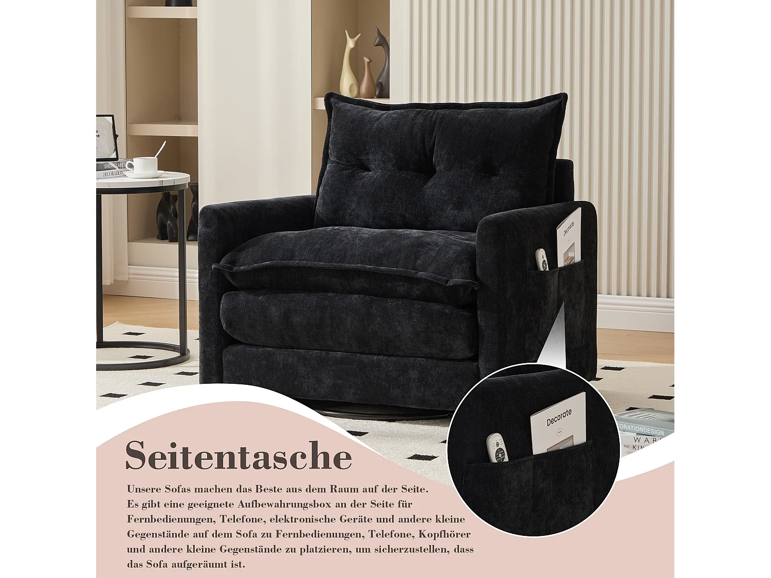 Fauteuil pivotant 360° avec accoudoirs, design contemporain, tissu chenille, noir, inclinable avec coussin (92x74x67 cm)