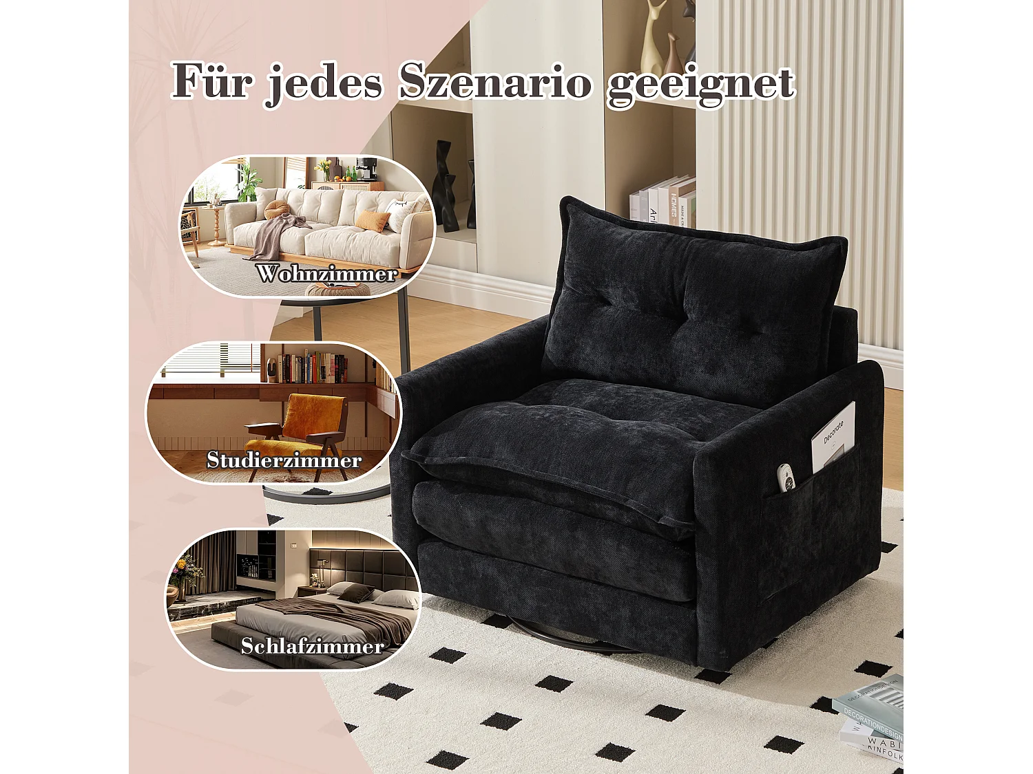 Fauteuil pivotant 360° avec accoudoirs, design contemporain, tissu chenille, noir, inclinable avec coussin (92x74x67 cm)