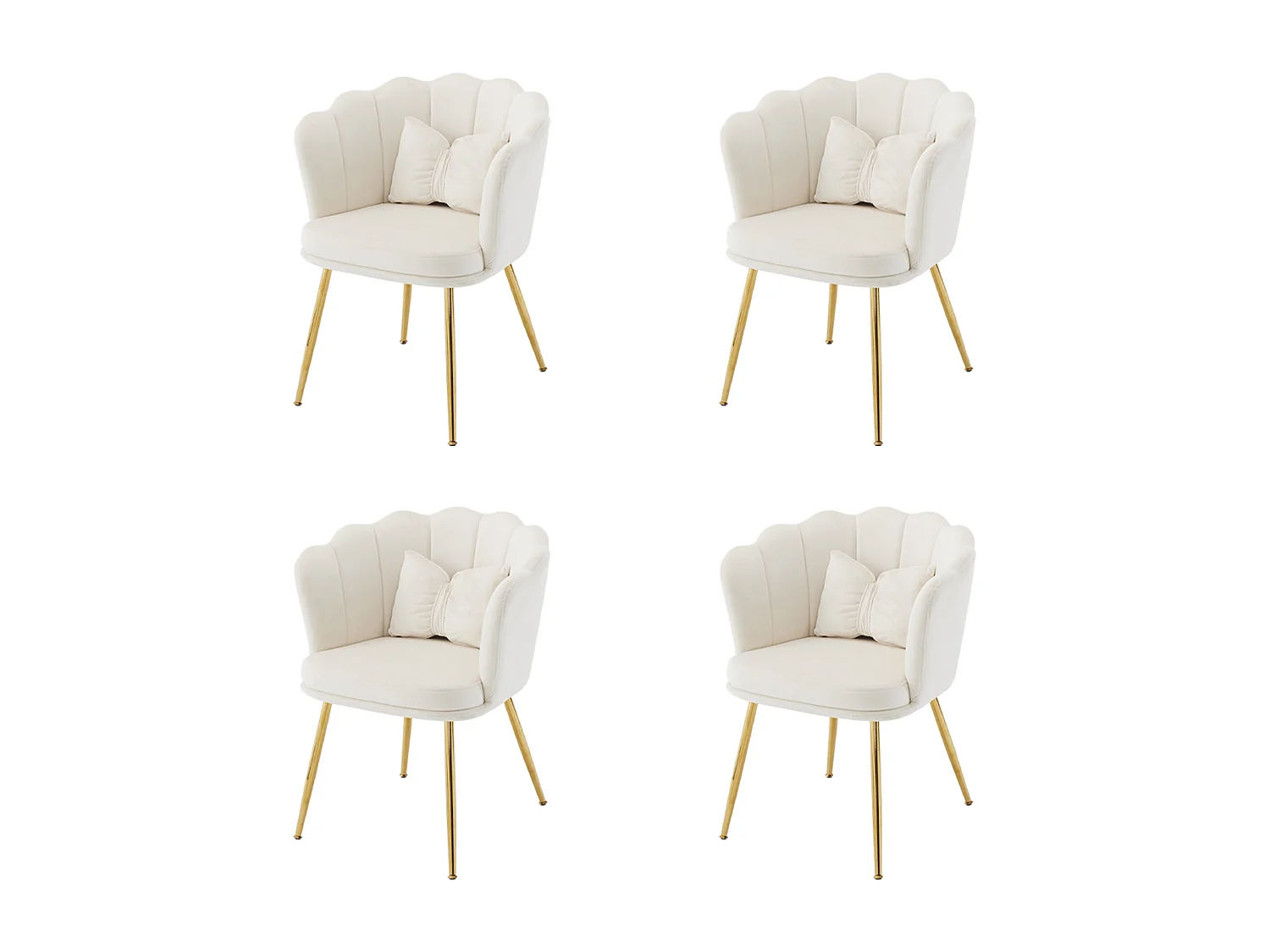 Lot de 4 chaises modernes en velours, fauteuils de salon avec dossier en forme de pétales, pieds métalliques dorés (63x58x77 cm)