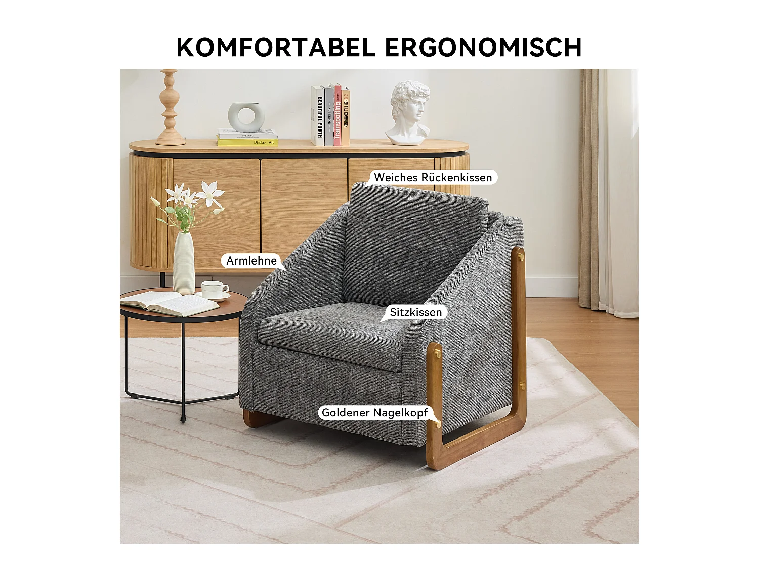 Sillón de acento, sillón de salón, reposabrazos de madera, tela chenilla gris, 73,5x73,5x73,5 cm