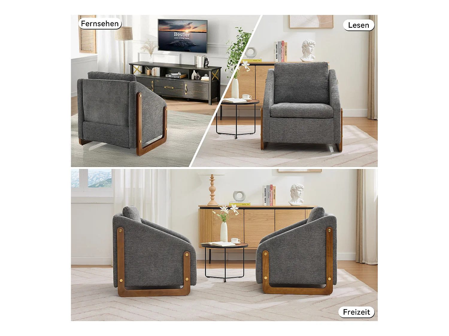 Sillón de acento, sillón de salón, reposabrazos de madera, tela chenilla gris, 73,5x73,5x73,5 cm