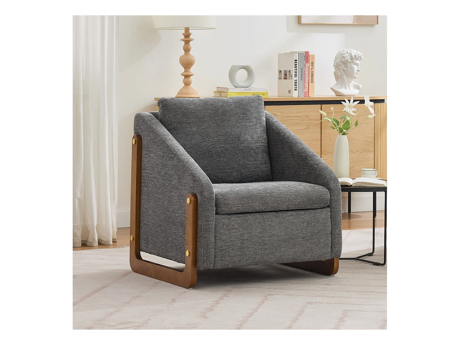 Sillón de acento, sillón de salón, reposabrazos de madera, tela chenilla gris, 73,5x73,5x73,5 cm