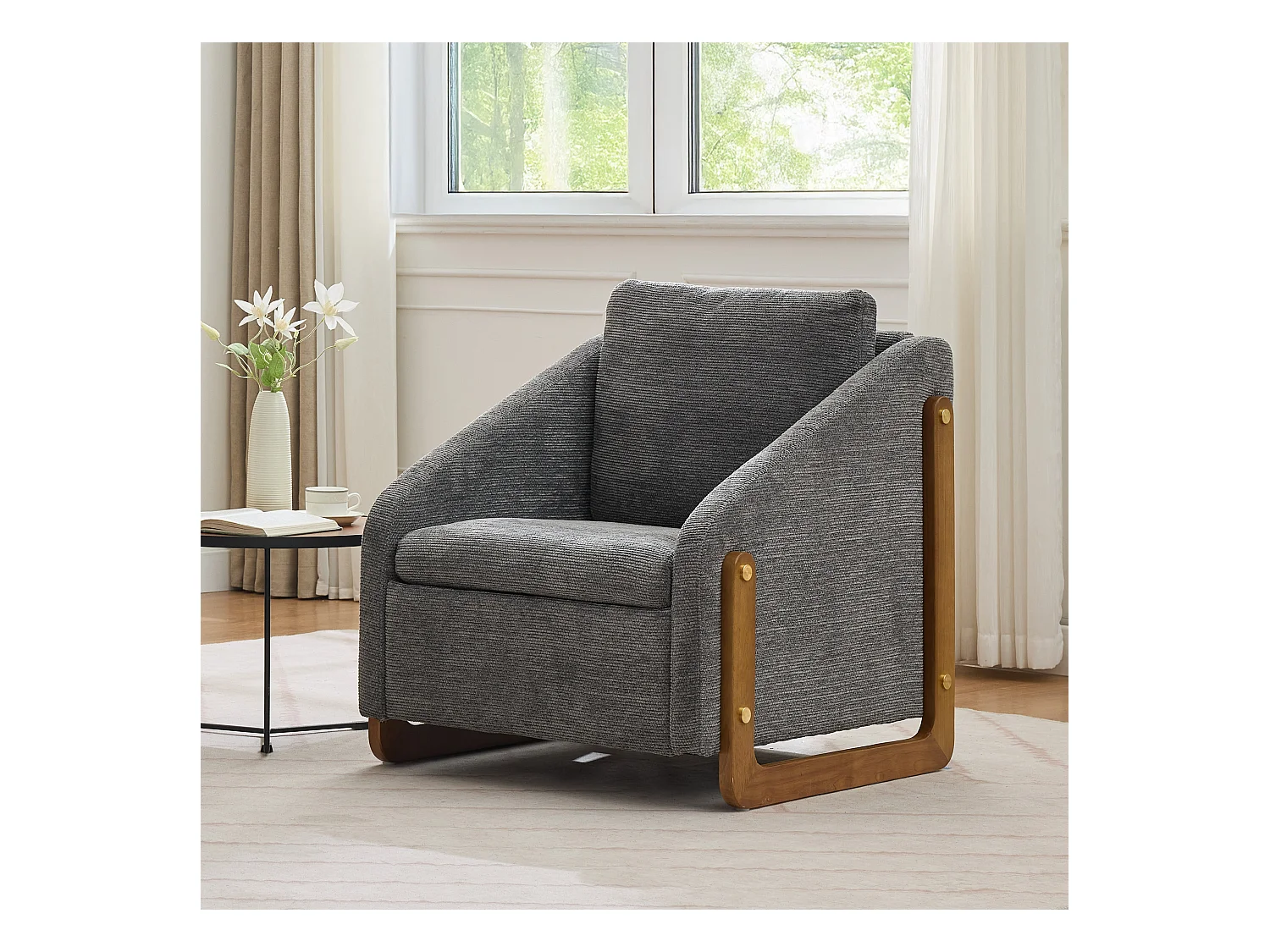 Fauteuil accent, fauteuil de salon, accoudoirs en bois, tissu chenille gris, 73.5x73.5x73.5 cm