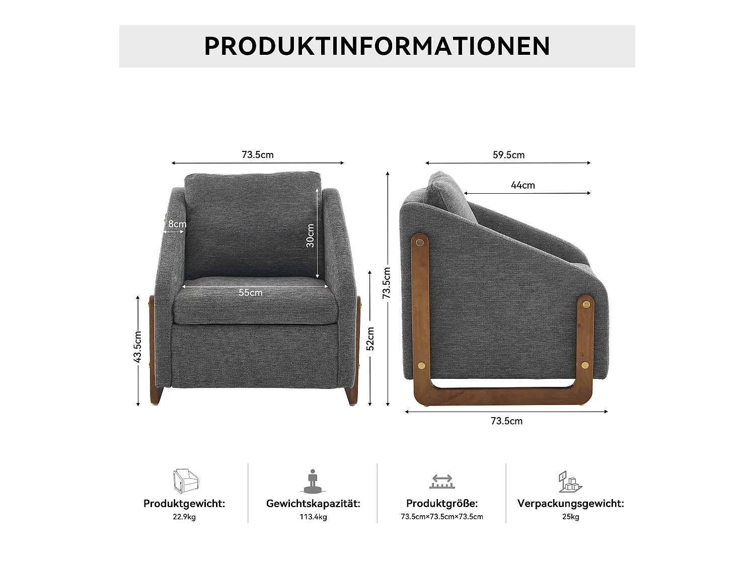 Accentfauteuil, woonkamerfauteuil, houten armleuningen, grijze chenillestof, 73,5x73,5x73,5 cm