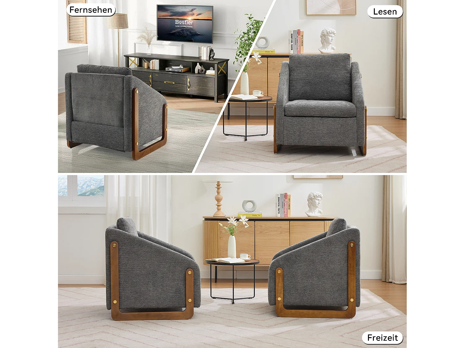 Accentfauteuil, woonkamerfauteuil, houten armleuningen, grijze chenillestof, 73,5x73,5x73,5 cm