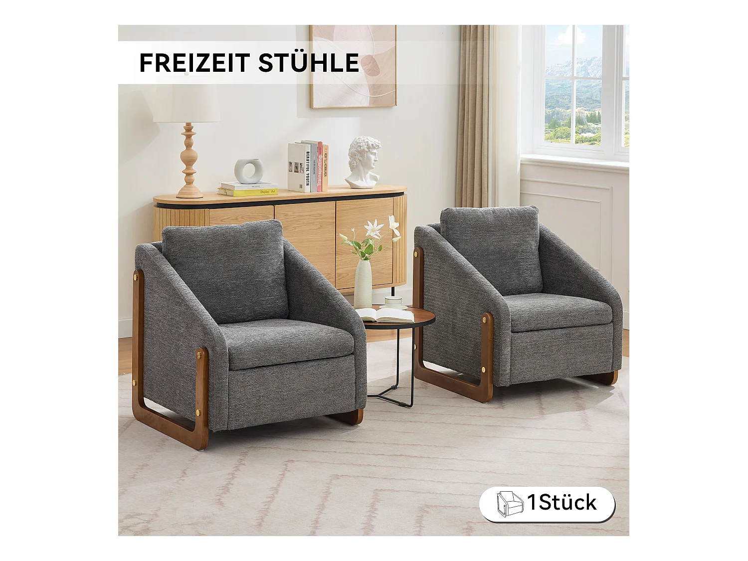 Accentfauteuil, woonkamerfauteuil, houten armleuningen, grijze chenillestof, 73,5x73,5x73,5 cm