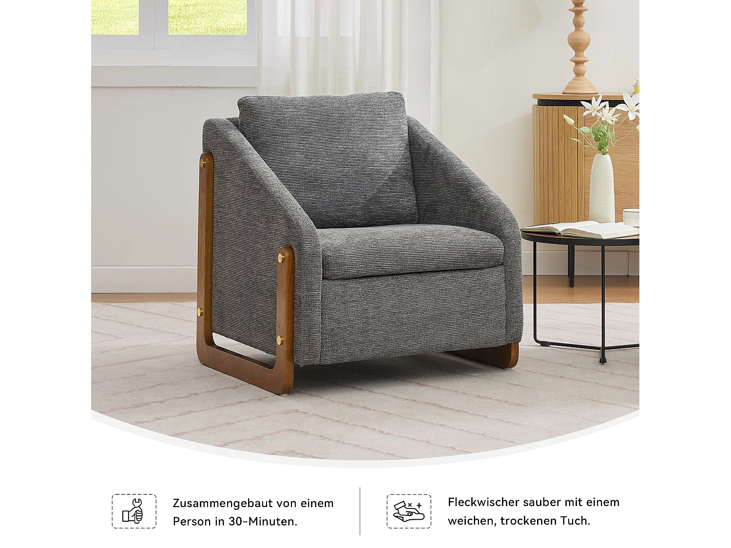 Accentfauteuil, woonkamerfauteuil, houten armleuningen, grijze chenillestof, 73,5x73,5x73,5 cm