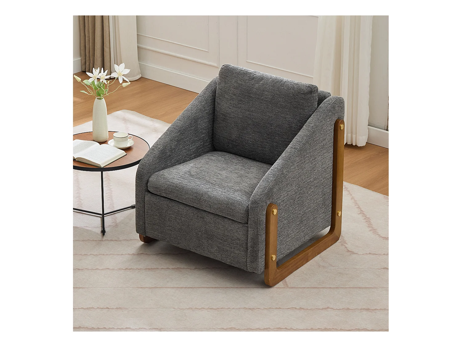 Accentfauteuil, woonkamerfauteuil, houten armleuningen, grijze chenillestof, 73,5x73,5x73,5 cm