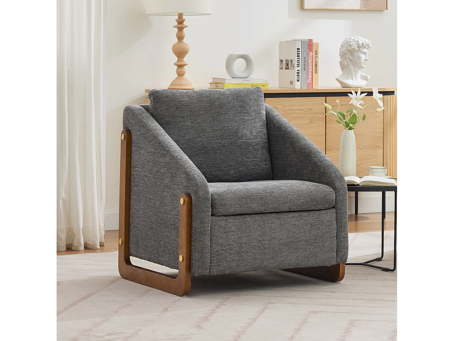 Accentfauteuil, woonkamerfauteuil, houten armleuningen, grijze chenillestof, 73,5x73,5x73,5 cm